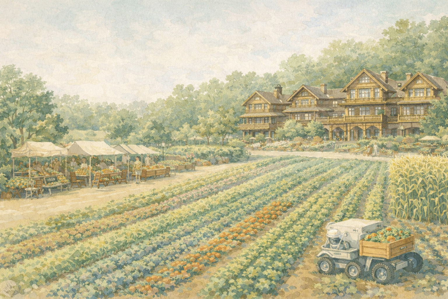 Agricultural landscape with farmers market and grand building