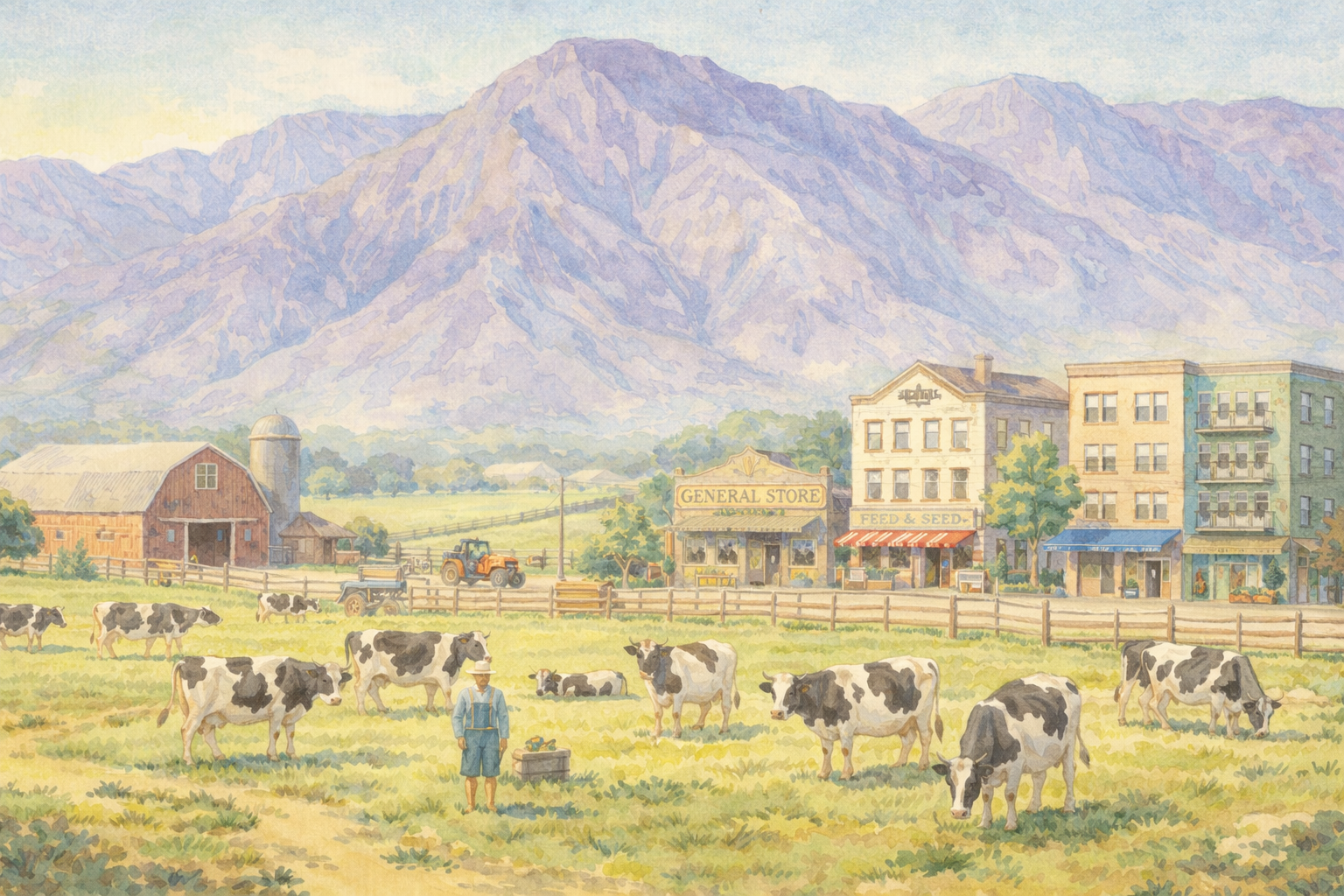 Rural landscape with cows and mountains